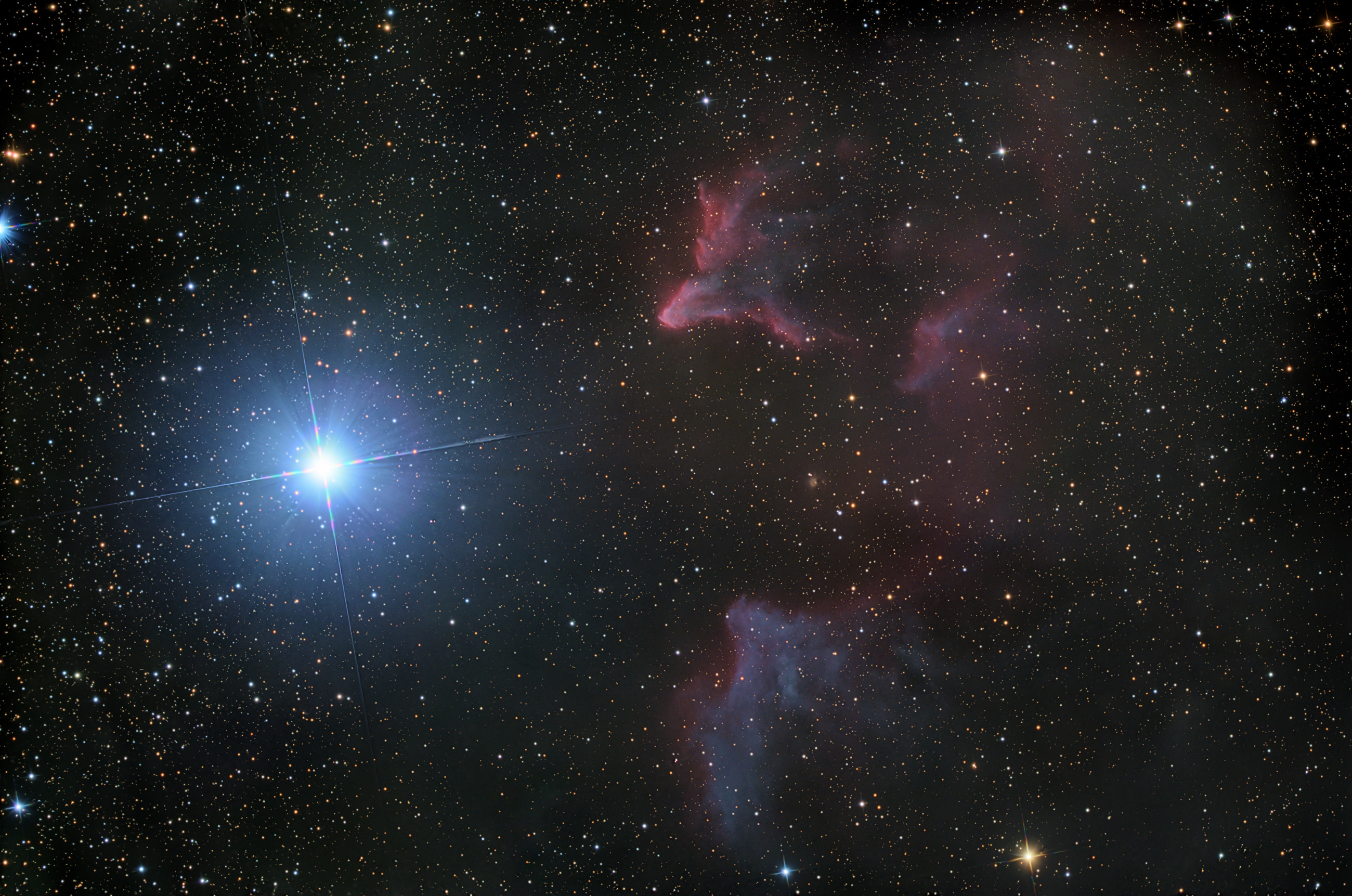 IC 63 and IC59 are an emission nebula in the constellation Cassiopeia. The bright star is Gamma Cassiopeiae γ Cas.
